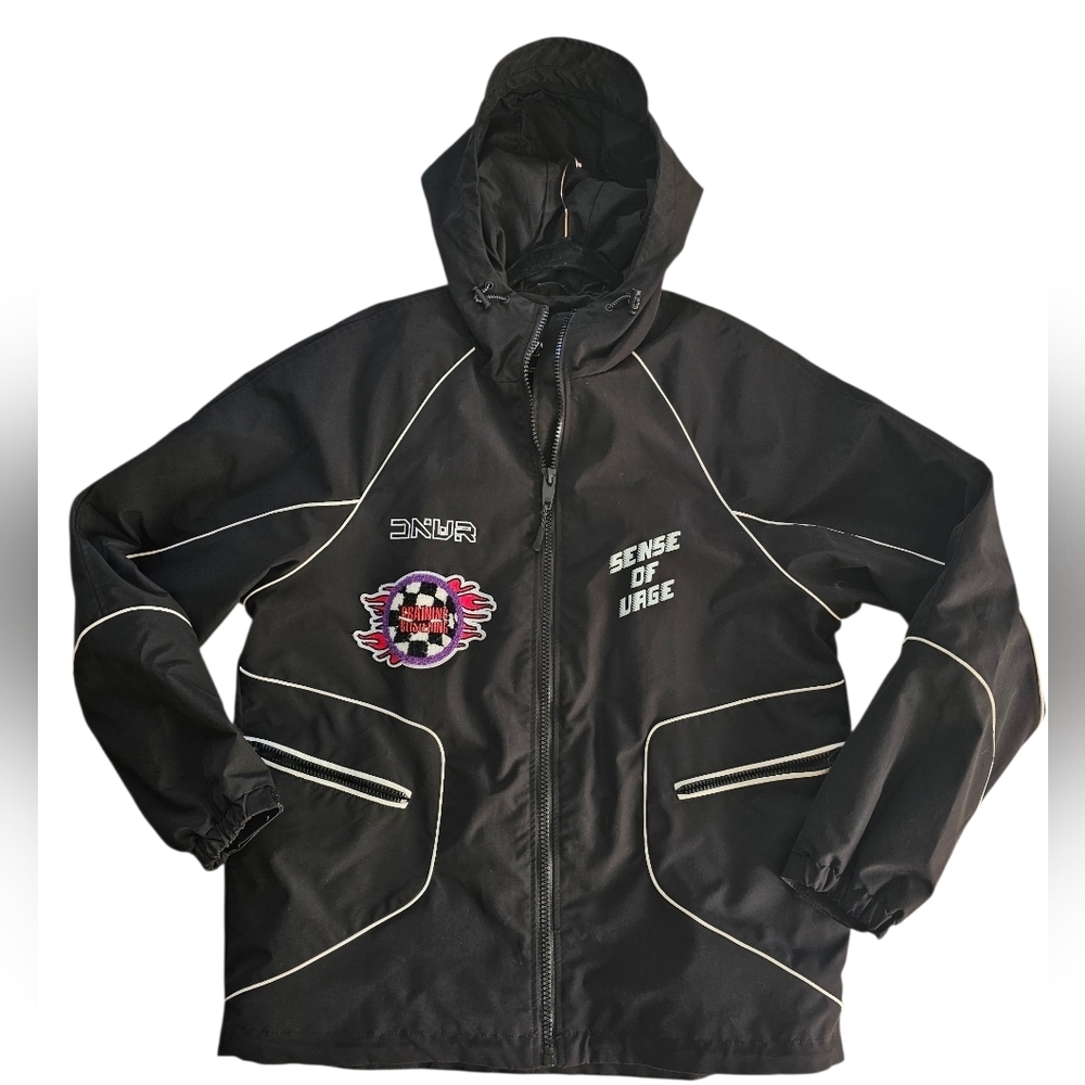 Zara Black Varsity Jacket with White Accents and Graphic Details